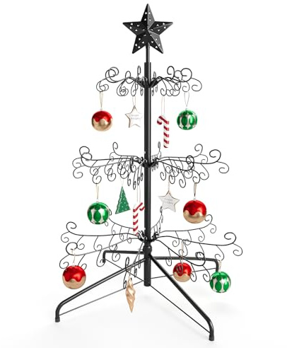 ELYKEN Weihnachtsdekoration, Ständer, Baum, 112 Haken zum Aufhängen für Kugeln und Feiertagsdekorationen, 90 cm, freistehendes Gestell aus Eisen mit stabiler Basis, einfache Montage, Schwarz