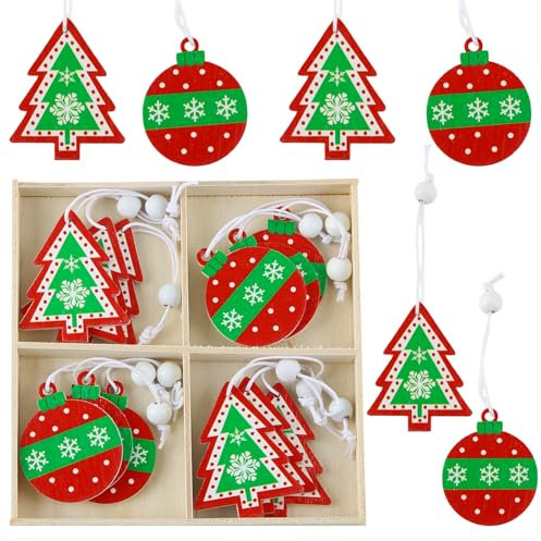 Holz Weihnachtsdeko Anhänger, FainFun 12 Stück Weihnachtsbaum Anhänger Holz mit Schnur, Weihnachtsbaumschmuck aus Holz, Weihnachtsbaum, Kugeln, für Weihnachtsbaum, Party Dekoration