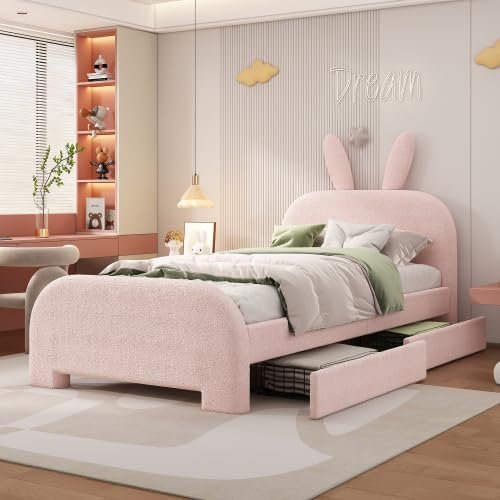 hrijusdif Modernes Polsterbett, Kinderbett Mit Einzigartig Geformtem Kopfteil Und Zwei Schubladen, Perfekt Für Kinder- Und Jugendzimmer (matratze Nicht Im Lieferumfang Enthalten)(Color:Rosa)