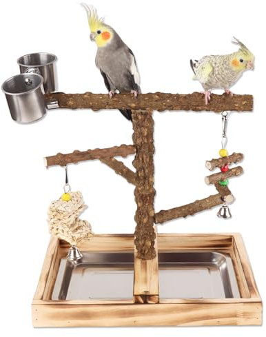 Honicemar Aves Juego Stand - Puesto de Madera para Loros, Aves Stand con Percha, Taza de Alimentación, Bandeja y Juguetes de Gimnasio de Ejercicios para Pájaros Pequeños y Medianos