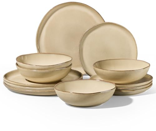 Homikit 12-Piece Dinner Set, Reactive Glaze Stoneware for 4, Caramel Dusk | Irregular Shape Plates and Bowls Set for Home Dinner Camping, Non-Toxic & Scratch Resistant, Microwave and Dishwasher Safe