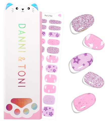 DANNI & TONI Gel Nagelfolien (Purple Dream) Sterne Glitzerglitter Nagelsticker Süße Aufkleber Nageldesign Nagelfolie selbstklebend Wraps für Kinder Mädchen 22 Stück
