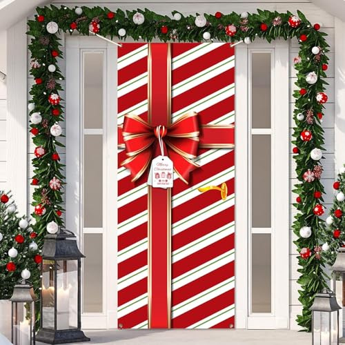 LATERN Decoración Navideña para Puerta, 90CM x 180CM Caja Feliz Lazo Cubierta para Puerta Principal Bandera Navideña Colgante Fondo de Lazo para Hogar Puerta Invierno Vacaciones Navidad Decoración