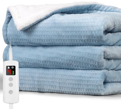 PROALLER Heated Blanket Electric Throw Waffle 160x130CM, 10 Levels &1-9H Timer Auto-Off, Machine Washable, Soft Flannel Sherpa Full Body Warming, Sofa Bed Office Use, Heating Blanket