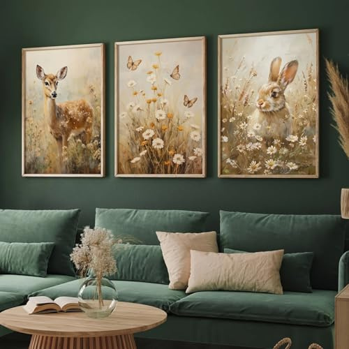 ZHAOLIN 3-teiliges bezauberndes Leinwandbild mit Hasen, Blumen, Schmetterlingen, Rehen und Tiermotiven – Frühlingsblumen, Natur, Wandbild, Poster für Osterdekoration (60 x 80 cm x 3/Rahmenlos)