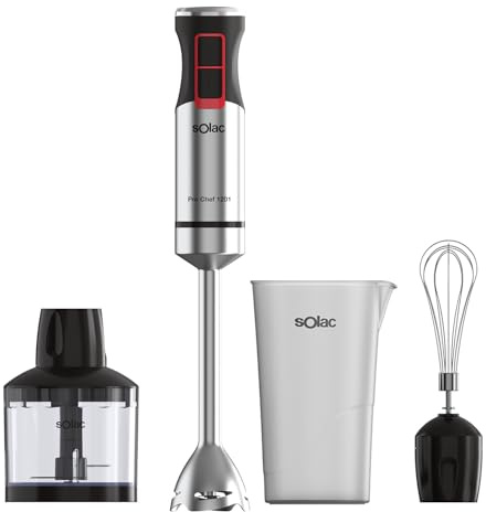 Solac - Batidora de Mano, 1200W, 21 Velocidades Ajustables + Turbo, 4 Cuchillas Acero Inoxidable, Pica Hielo, Antisalpicaduras, Accesorios Incluidos, Vaso Medidor, Negro y Metálico
