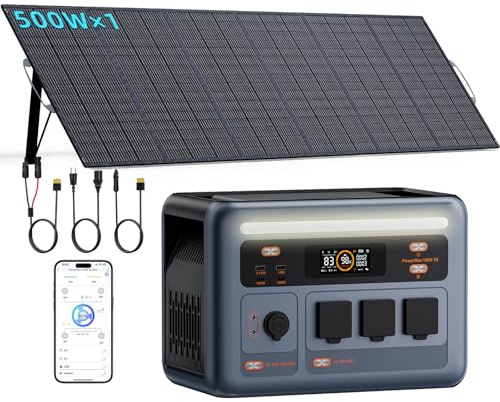 PowerMax 1800SE Generador Solar 1800W con 1×500W paneles, 1024Wh estación portátil, batería LFP, carga rápida 45 min, UPS, 11 puertos, para respaldo, camping, jardín
