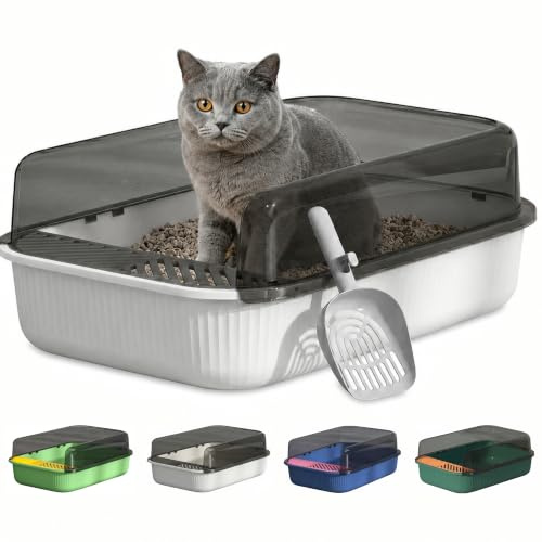 PAWSWARE Medium Cat Litter Tray High Sides Splash Proof Semi Enclosed | Anti Tracking with Easy Clean Surface- Durable Non Toxic Plastic Litter Box with Scoop for Kitten Small to Medium Cat-White