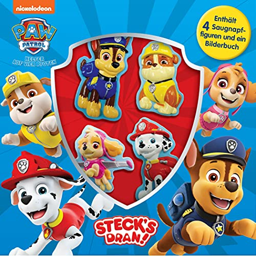 Paw Patrol Steck's Dran - Beschäftigungsbuch für Kinder, 8-seitiges Pappbilderbuch, 4 bunten Saugnapf-Figuren: Includes 4 suction cup toys and a storybook!