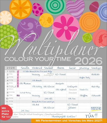 Multiplaner - Colour your time 2026: Familienplaner, 7 breite Spalten. Großer Familienkalender mit Ferienterminen, extra Spalte, Vorschau für 2027. Format: 40x46 cm
