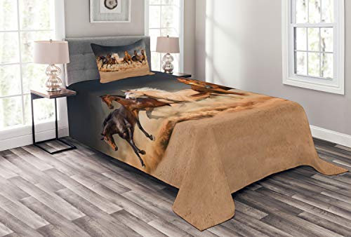 ABAKUHAUS Pferd Tagesdecke Set, Equine Themed Tiere, Set mit Kissenbezug Kein verblassen, für Einzelbetten 170 x 220 cm,Braun