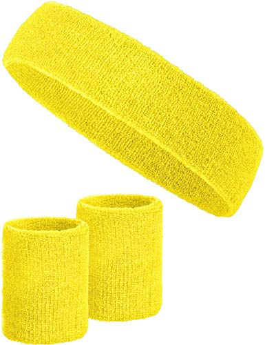 3-teiliges Schweißband-Set mit 2X Schweißbändern für die Handgelenke + 1x Stirnband für Damen & Herren (Gelb)