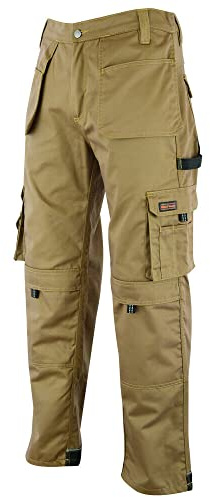 WrightFits Men Pro-11 Work Trousers Khaki - Heavy Duty Safety Combat Cargo Pant - Multi Pockets & Knee Pad Pockets - Triple Stitched -Durable Work wear (34W X 29L, Khaki)