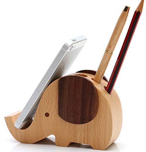 Yoillione Gifts for Women and Men, Wooden Pen Phone Stand Elephant Phone Holder Animal Phone Stand, Desk Decoration Wood Elephant Pen Holder
