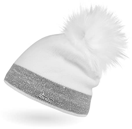 Neverless Damen Strick-Mütze gefüttert mit Fell-Bommel Kunstfell Winter-Mütze Feinstrick Glitzer-Garn Bommelmütze weiß-hellgrau Unisize