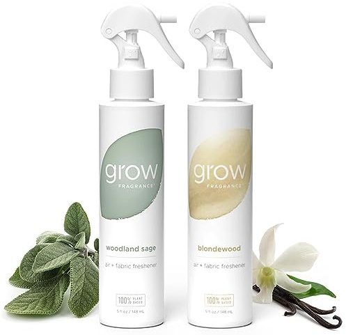 Grow Fragrance Ambientador en aerosol para tela perfumada y habitación, certificado no tóxico, aceites esenciales 100% a base de plantas, 5 onzas (madera de bronce + salvia del bosque, 2 unidades)