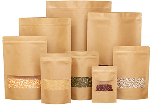 Acidea 100Pcs Kraft Paper Bags With Matt Window And Zip Lock Decorative Heavy Duty Heat Seal Recycled Resealable Mylar Stand Up Pouches Bags Sealable For DIY Food Snack Cookies Candy Coffee (8*12IN)