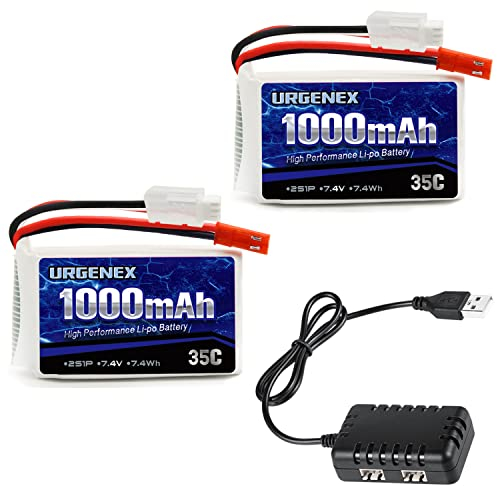 URGENEX 7.4V 1000mAh Lipo Battery 2S 35C Lipo RC Batteries with JST Plug Rechargeable Lithium Battery with 2 in 1 USB Charger for WLtoys A949 A959 A969 A979 K929 and Most 1/10 1/16 1/18 1/24 RC Cars