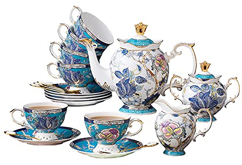 ACMLIFE Tea Sets for Adults, Tea Sets for 6 - Tea Pot Sets Blue, Porcelain Tea Sets for Women with 24K Gold, Fine Bone China, Vintage British English Afternoon Sets for Luxury Gift, Mother's Day