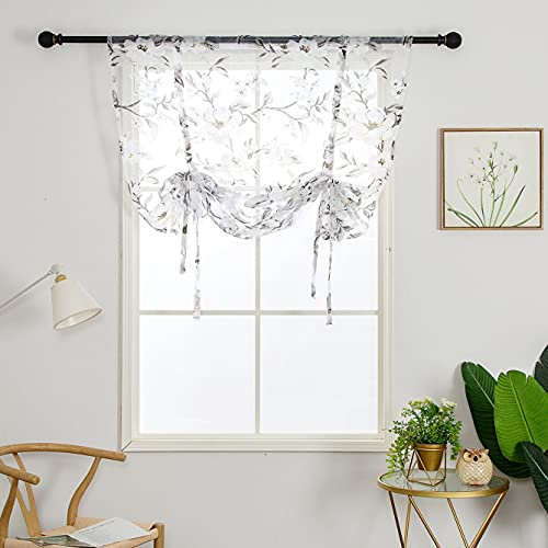 SMITHOOM 1 Piece Tulle Roman Blinds Rod Pocket Tie Up Ajustable Transparent Flowers Printing Sheer Curtains for Kitchen Bathroom Balcony Small Window Grey 60x140cm