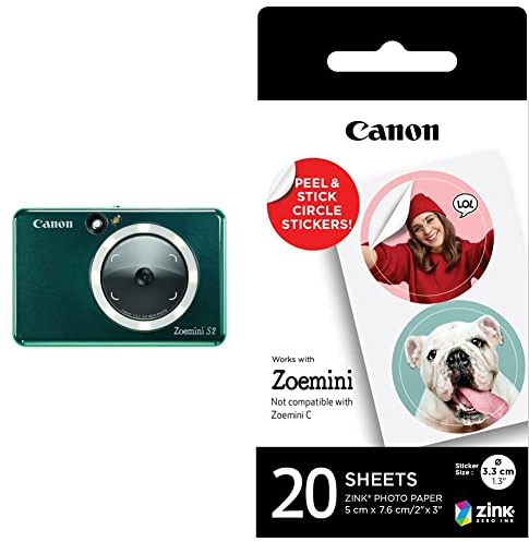 Canon Zoemini S2 Mini Sofortbildkamera + Fotodrucker mobil tragbar unterwegs Hosentasche (Fotodruck 5x7,6 cm, kabelllos, eingebauter Akku, App) aquamarin [+ 10er ZINK Druck-Set + 20er Circle Sticker]