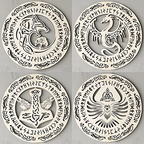 4 Stück Mythologie Tierkunst 30,5 cm Wikinger Dekor Keltisches Kreuz Dreifaltigkeitsknoten Wandkunst Nordische Heilige Kreatur Thors Hammer Wolf Fenrir Drache Baum des Lebens Symbol Kolibri Wikinger
