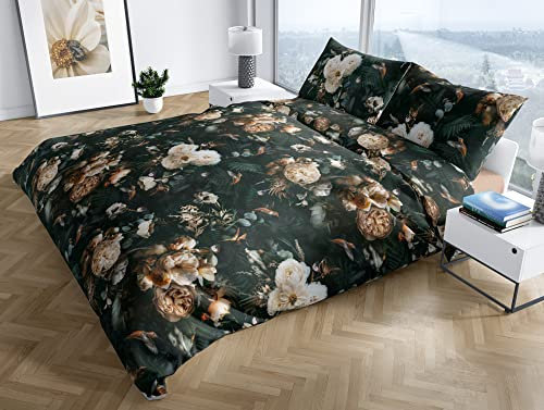 Bettwaesche-mit-Stil Mako Satin Bettwäsche Floral Romantic anthrazit (Garnitur 200x200 + 2X 80x80 cm)