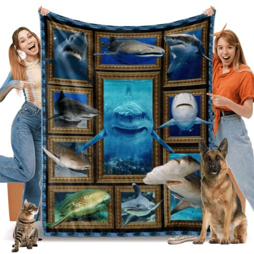 Shark Gifts for Women Men, Shark Print Fleece Throw Blanket, Soft Cozy Flannel Blankets and Throws for Couch Bed Sofa Living Room Decor, Lightweight Warm Plush Blanket for All Season 50 x 60