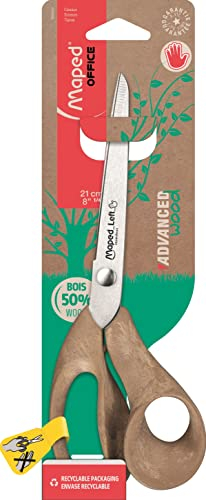 Maped - Ciseaux Advanced Wood 21 cm pour Gauchers - Lames en Acier Inoxydable - Confort et Précision - Anneaux Asymétriques Ergonomiques 50% Bois - Garantie à Vie