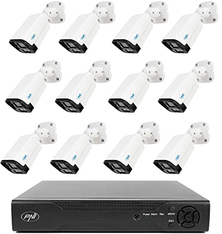 PNI NVR House IP716 Videoüberwachungspaket, 16 IP-Kanäle 4K, H.265, 12 IP125-Kameras mit IP, 5MP, IP66