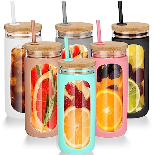 Geetery 6 vasos de vidrio de 20 onzas con tapa de bambú y popote, reutilizables, para café helado, para beber, café, batidos, vasos de agua a prueba de derrames con funda protectora de silicona