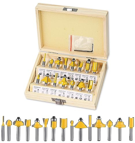 15 Stück Fräser Set, 6.35 mm 1/4 Inch Schaft, Holzbearbeitung Router Bit Holzfräser, Oberfräser Werkzeug mit Holzkoffer und Schlüssel, für Holzbearbeitung und DIY