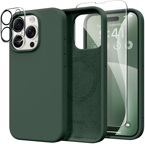 GONEZ für iPhone 15 Pro Max Hülle Silikon, kompatibel mit Magsafe, Kameraschutz + Displayschutz, weiches kratzfestes Mikrofaserfutter, stoßfeste Handyhülle aus flüssigem Silikon, Dunkelgrün