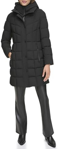 DKNY Damen Bib-Front Long Puffer Daunenalternativer Mantel, Schwarz, S