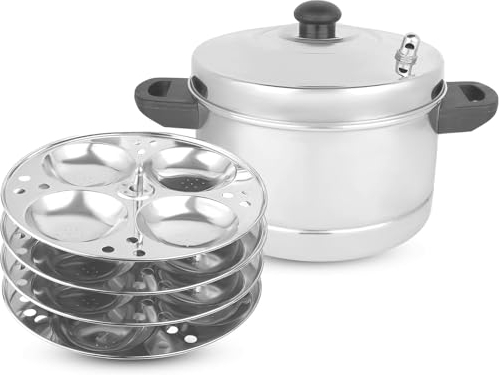 KSJONE Edelstahl Idli Kocher für indische Küche - Ergonomische Teller - Lebensmittelqualität 4 Idli Teller für Herd Elektrischer Topf Insta Topf - 4 Idli Teller - Ergibt bis zu 16 Idlis