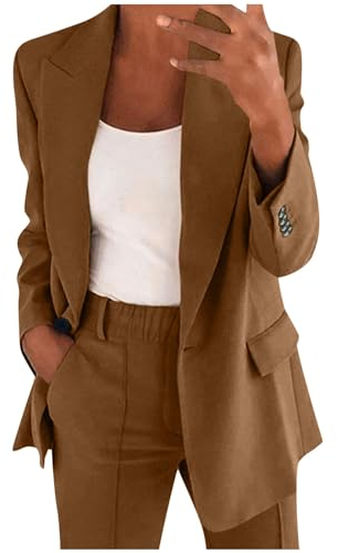 Zweiteiliges Reversanzug-Set für Damen, Büro, Business, langärmelig, Knopf, formelle Jacke, Hosenanzug, schmale Hose, Jacke, Anzug, Snowboard-Bekleidung für Damen, coffee, X-Large