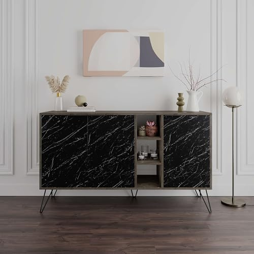 Totò Piccinni Madia IRIS in Legno con tre ante e tre vani porta oggetti (Rovere Fumo/Effetto Marmo Nero)