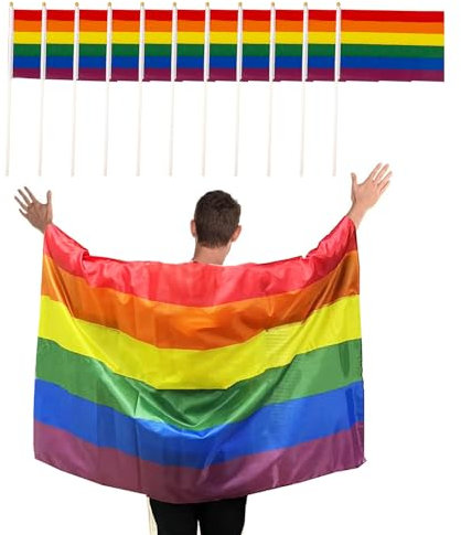 11 Stück Regenbogen Pride Flagge Set Pride Dekoration Accessoires inklusiv Umhang Regenbogen Homosexuell Pride Stick Flagge, Handfahne, LGBT Gay Pride Party Dekoration, Sommer Festival Party Dekor