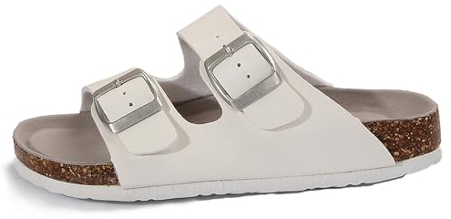 Mesing Mules Sandales Femme Homme Été Plates Boucle Bout Ouvert Nu-pieds Confortable Cuir Suédé Pantoufles en Liège XZ490-White-EU40