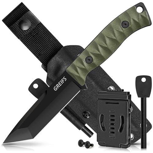GREIFS® Outdoor-Messer Tanto aus D2 Stahl mit Kydex & Feuerstahl - Schwarz | edles Survival Messer für die Bushcraft Ausrüstung · Jagdmesser · Gürtelmesser · Fahrtenmesser · Messer Outdoor
