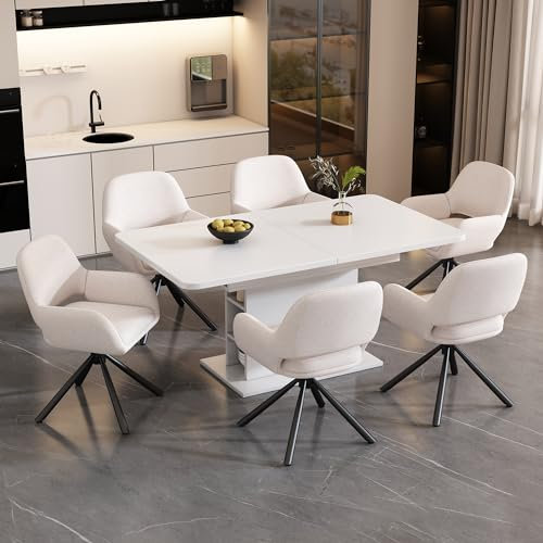 Goeria Esszimmer-Set mit Esstisch und Stühlen, Sherpa-Stoff Esszimmerstuhl, Loungesessel mit Vier Metallfüßen, Erweiterbarer Rechteckiger Esstisch mit Stauraum, Weiß (6)
