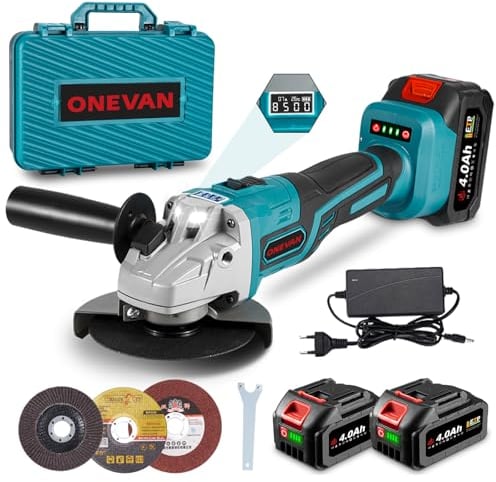 ONEVAN smerigliatrice a batteria, Brushless smerigliatrice angolare 125 mm con 2 batterie da 4000 mAh e 3 dischi, display digitale, 3 velocità, flessibile smerigliatrice senza fili