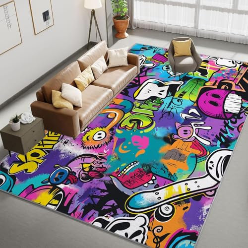 Generic Graffiti-Stil Druck Teppich, Aquarell-Graffiti 03, 140x200 cm, Rutschfest, Weich flauschig, Schmutzabweisend, Hypoallergen, Einfach zu säubern
