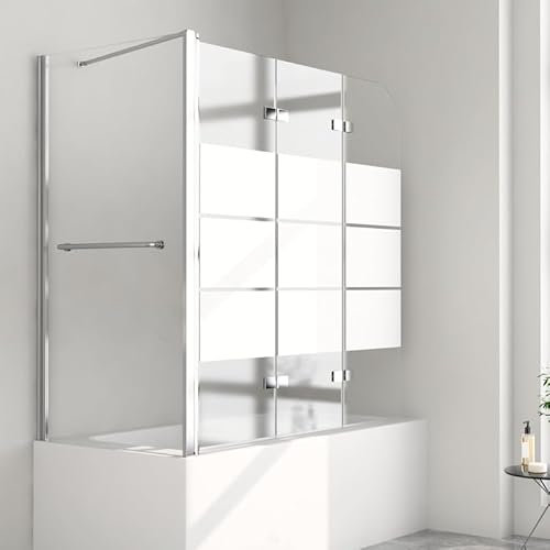 Boromal Duschwand für Badewanne Gestreift, Duschwand 120x75x140cm 3-teilig Badewannenaufsatz mit Seitenwand Badewannenfaltwand Duschtrennwand Duschabtrennung für Badewanne, 6mm ESG Sicherheitsglas