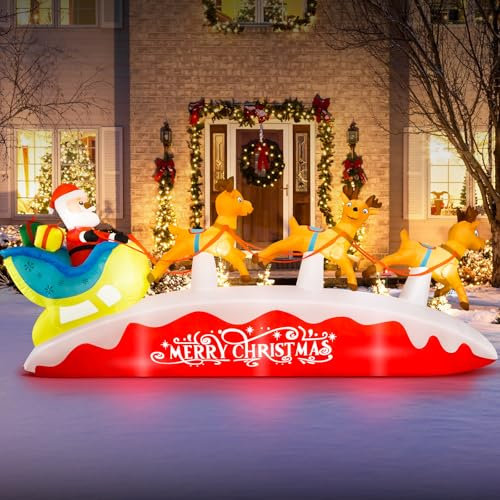 305CM Aufblasbare Weihnachten Weihnachtsmann Rentiere Schlitten für Dekoration, Giant Xmas Blow Ups mit Eingebaute LED Lichtern für Innen Außen Hof Garten Party Patio Rasen Weihnachtsdeko Geschenk