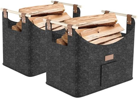 Aufun 2x Holzkorb für Kaminholz, XXL Faltbarer Brennholzkorb Filzkorb extra dicker Filz und verstärkter Griff, Groß Filztasche für Einkauf, Holz, Zeitung oder Brennholz (50x32x40 cm, Dunkelgrau)
