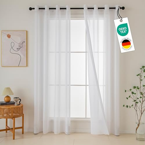 Emilie-Textil 4er Set Vorhänge mit Ösen, Oeko-TEX Zertifiziert, Transparente Gardinen aus Voile Polyester Ösenschal Transparent Wohnzimmer Luftig Dekoschal in leinen Optik Top Weiß