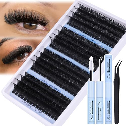 CORUSCATE Cluster Lashes Kit Long 14-20mm Eyelashes Individual Kit 80D-150D Thick Lashes Individual Cluster Russian Strip Lash D Curl DIY Lash Extension 284pcs with Lash Bond and Seal Tweezers