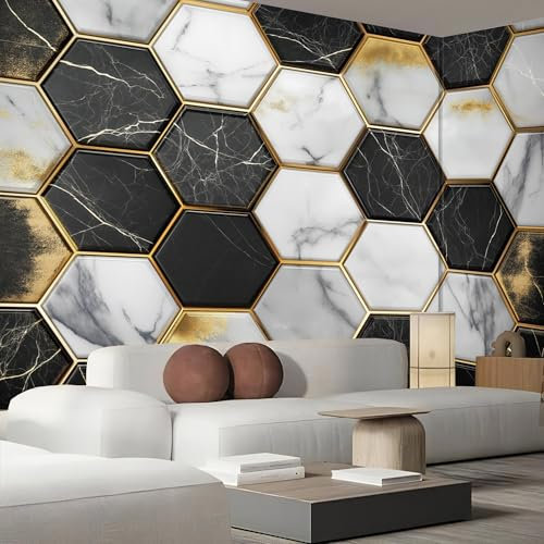 Fototapete Geometrie 350×256cm,Foto Tapete Schlafzimmer Wohnzimmer Moderne Sechseckige Fliesen Wandtapete Bildtapete 3d Effekt Wand Dekoration