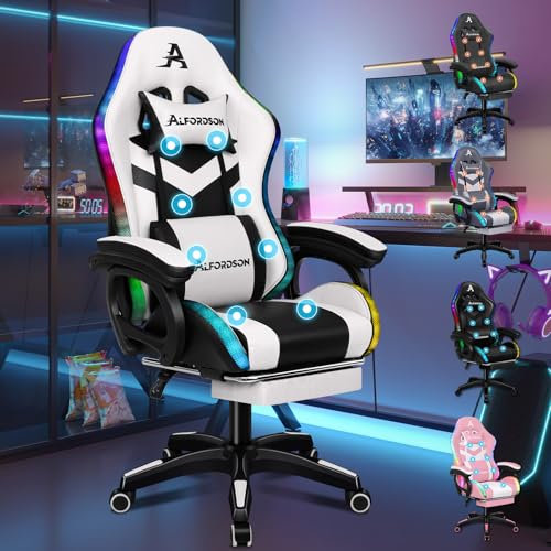 ALFORDSON Gaming Stuhl mit 8-Punkt Massage 12 Farben RGB LED-Licht, Bürostuhl Ergonomisch mit fußstützen, Kopfstütze Lendenkissen für Kinder Erwachsene, Weiß